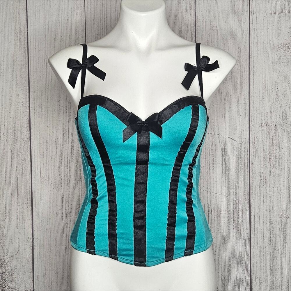 VTG Y2K Morbid Threads Teal/Black Corset Top, size 34B